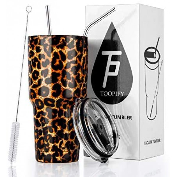 Toopify 30oz Stainless Steel Insulated Leopard Tumbler Travel Mug with Straw Slider Lid, Cleaning Brush, Double Wall Vacuum